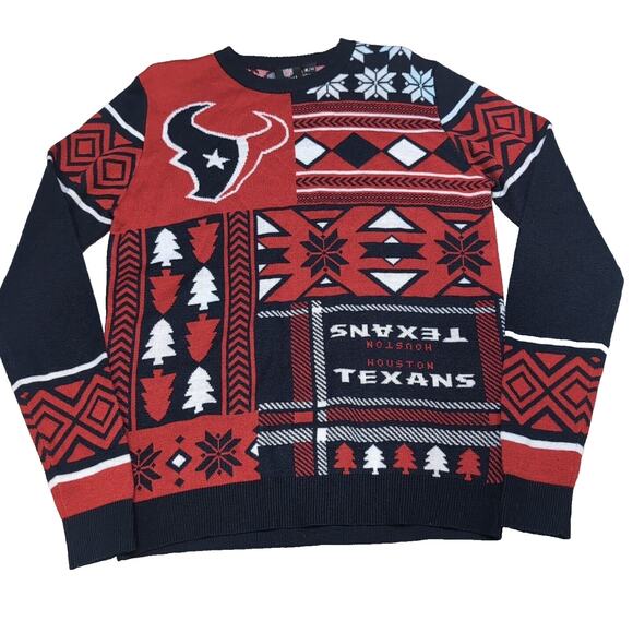 NFL Houston Texans Football Team Ugly Christmas Sweater Men's M Red Black Flaw - Picture 5 of 16